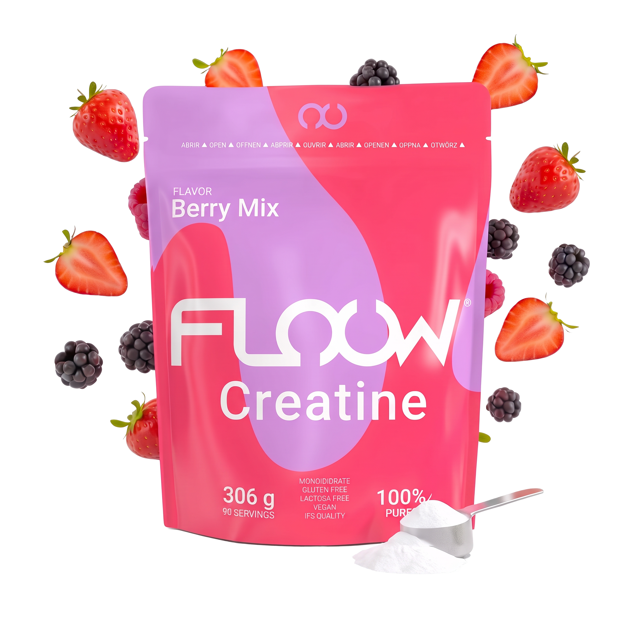 Confezione FLOOW Berry Mix al centro, circondata da fragole, lamponi e more