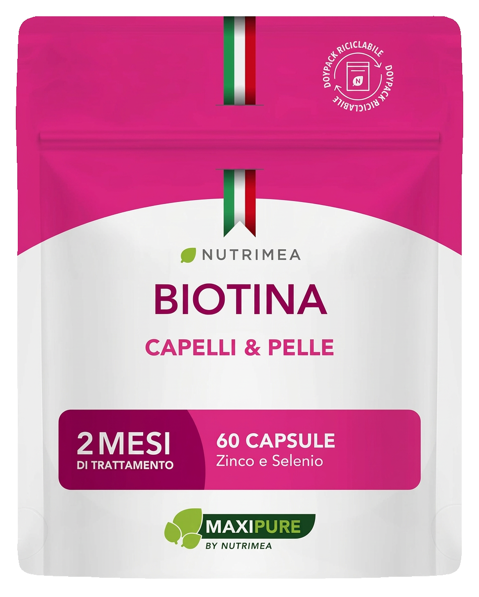 Confezione completa Nutrimea Biotina MAXIPURE, 60 capsule, con nastri tricolore